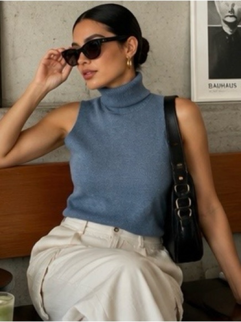 TRUTH -Sleeveless Turtleneck Knit Top in Dusty Blue